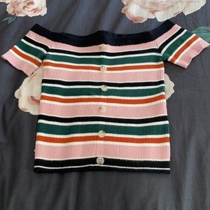 Lottie Moss Knit Off- the-shoulder Black Multi Color Stripped Crop Top